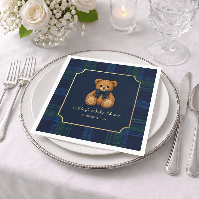 Serviette En Papier Teddy Bear Blue Green Plaid Preppy Boy Baby Shower (Créateur téléchargé)