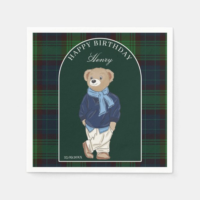Serviette En Papier Teddy bear classic plaid birthday party custom (Devant)