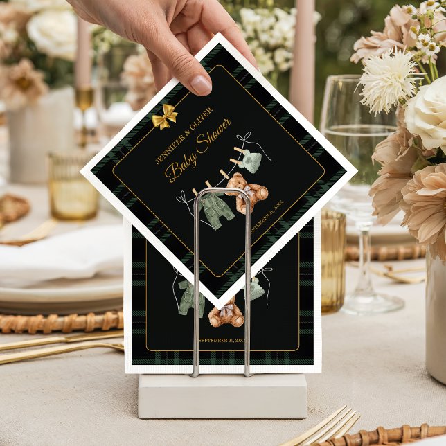 Serviette En Papier Teddy Bear Green Plaid Baby Shower  (Créateur téléchargé)