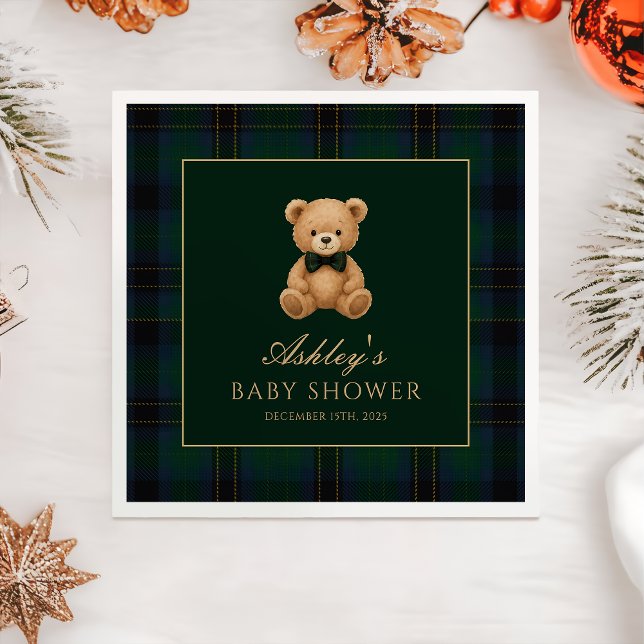 Serviette En Papier Teddy Bear Green Tartan Baby Shower Paper Napkin (Créateur téléchargé)