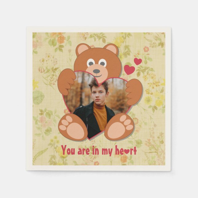 Serviette En Papier Teddy Bear Holding Heart Photo Saint-Valentin (Devant)