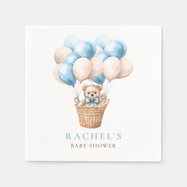 Serviette En Papier Teddy Bear Hot Air Balloon Blue Boy Baby shower (Devant)