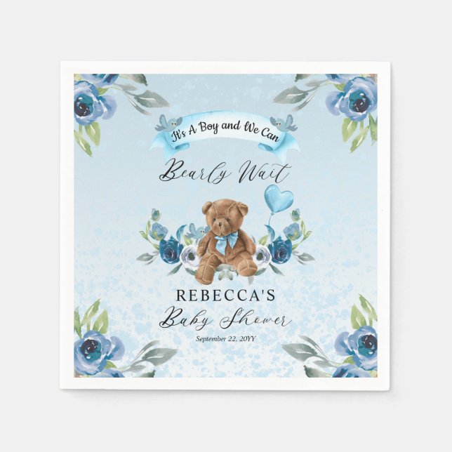 Serviette En Papier Teddy Bear peut attendre bleu Baby shower garçon (Devant)