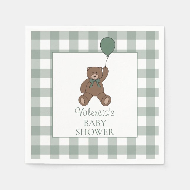 Serviette En Papier Teddy Bear Sage Green Baby Shower (Devant)