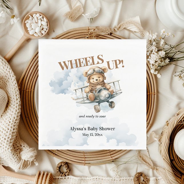 Serviette En Papier Teddy Bear Wheels Up Petit Copilote (Wheels Up/Teddy Bear Little Co-Pilot baby shower paper napkins)