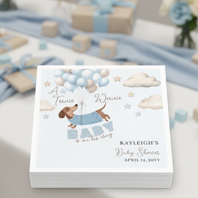 Serviette En Papier Teenie Weenie Dachshund Balloons Blue Baby Shower (Baby Shower Napkins. Dachshund and balloons design in blue and beige)