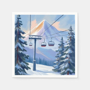 Serviette En Papier Télésiège   Ski aquarelle d'hiver de montagne