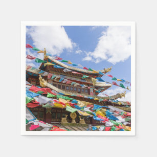 Serviette En Papier Temple tibétain avec drapeaux de prière - Yunnan, 
