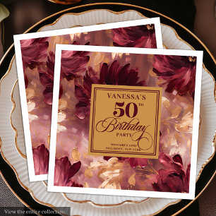 Serviette En Papier Tendance Boho Rouge Foncé Blush Doré 50e Anniversa