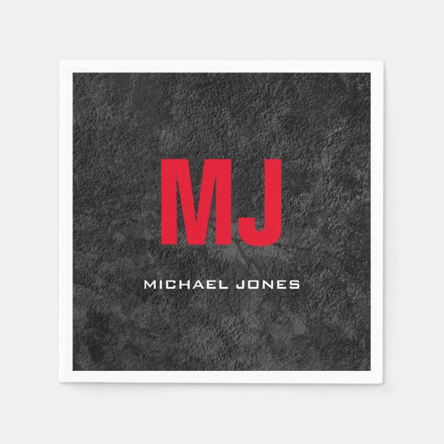 Serviette En Papier Tendance unique gris rouge monogramme votre nom (Devant)