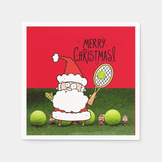Serviette En Papier Tennis Joyeux Noël avec balle et Père Noël (Devant)