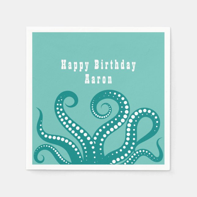 Serviette En Papier Tentacles d'octopus blanc et aqua personnalisés (Devant)