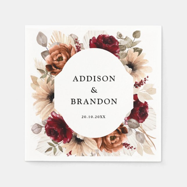 Serviette En Papier Terracotta Burgundy Mauve Floral Mariage géométriq (Devant)