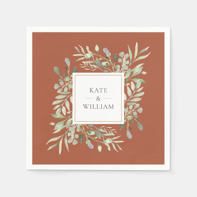 Serviette En Papier Terracotta de verdure aquarelle feuillage or (Devant)