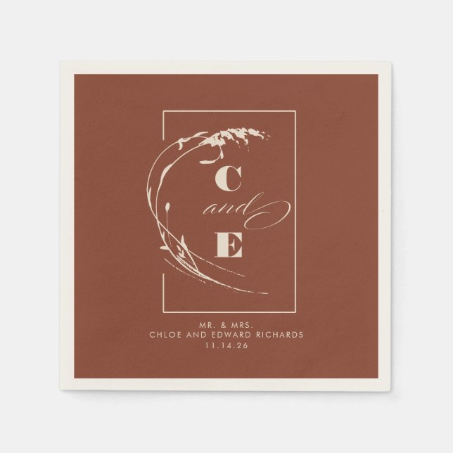 Serviette En Papier Terracotta et Ecru Moderne Mariage Monogramme (Devant)