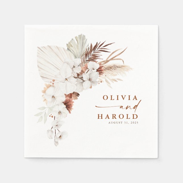 Serviette En Papier Terracotta et fleurs blanches Boho Elégant mariage (Devant)