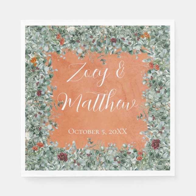 Serviette En Papier Terracotta Eucalyptus Burgundy Orange Floral (Devant)