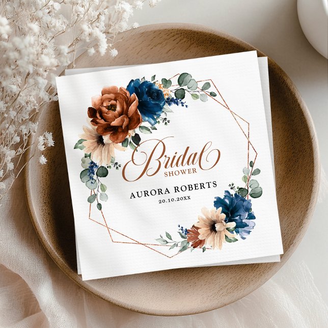 Serviette En Papier Terracotta Marine Bleu Fête des mariées de verdure (Terracotta Navy Blue Greenery geometric Bridal Shower Napkins)