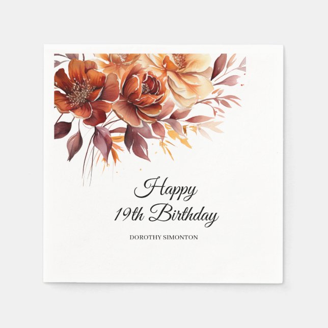 Serviette En Papier Terracotta Orange Fall Flowers 19e anniversaire (Devant)