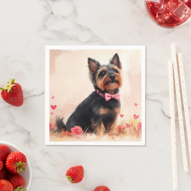 Serviette En Papier Terrier Australien avec des Roses - Saint-Valentin (En situation)