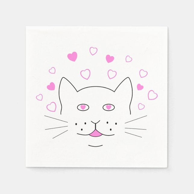 Serviette En Papier Tête de chat rigolote avec des petits cœurs roses (Devant)