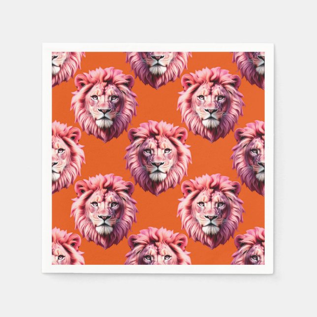 Serviette En Papier Tête de lion rose motif animal design orange  (Devant)