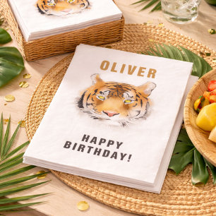 Serviette En Papier Tête de Tigre Aquarelle Nom d'Anniversaire