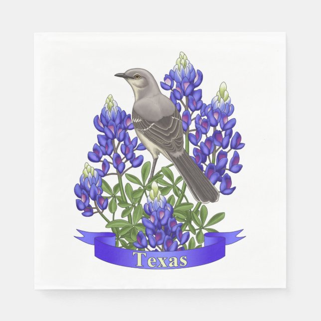 Serviette En Papier Texas State Mockingbird & Bluebonnet Flower (Devant)
