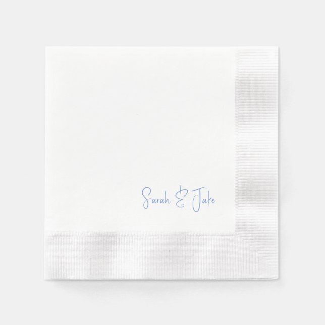 Serviette En Papier Texte Bleu Mariage Moderne Script Écrit Coin (Devant)