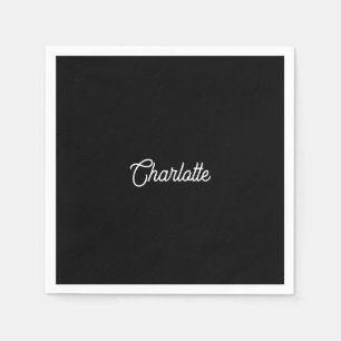Serviette En Papier Texte de nom personnalisé minimaliste noir et blan
