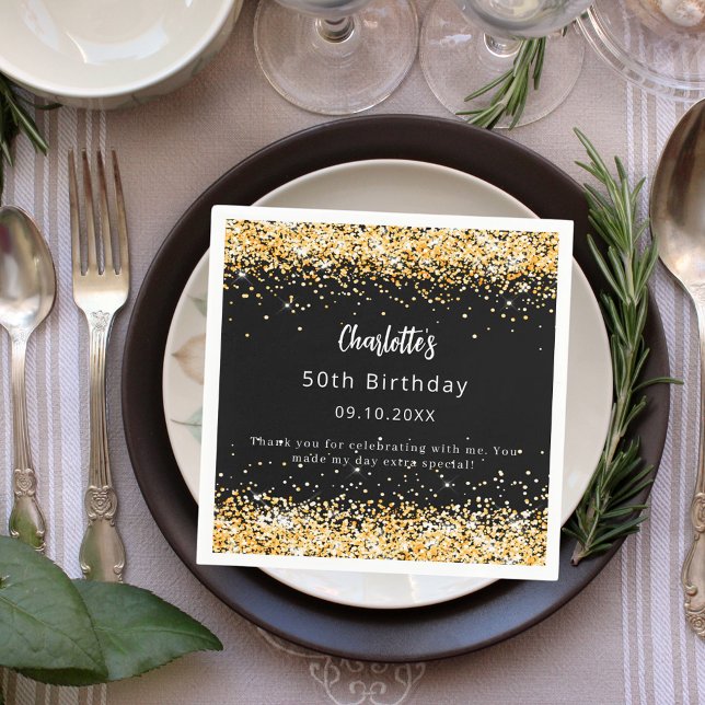 Serviette En Papier Texte du script de nom d'or noir de l'anniversaire (Créateur téléchargé)