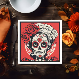 Serviette En Papier Texte personnalisé 💀 Pop Art Calavera rouge et bl