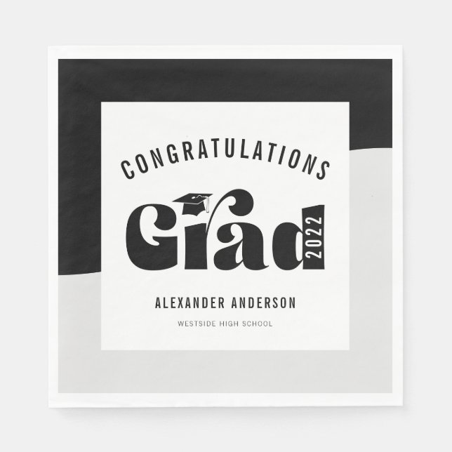 Serviette En Papier Texte Rétro Léger Remise de Diplômes Noir et Blanc (Devant)