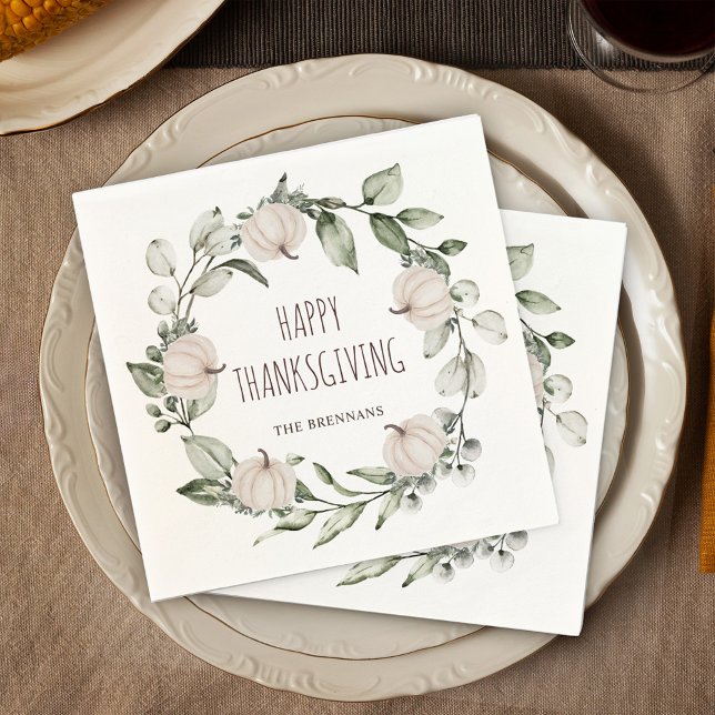 Serviette En Papier Thanksgiving Citrouille Autumn Eucalyptus Verdure (Thanksgiving Pumpkin Autumn Eucalyptus Greenery Napkins)