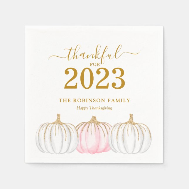Serviette En Papier Thanksgiving Citrouille Gold Script personnalisé (Devant)