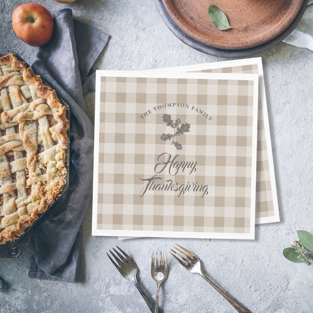 Serviette En Papier Thanksgiving Fall Folid Feuilles Brown Plaid (Thanksgiving Gratitude Family Name Taupe Plaid Napkins)