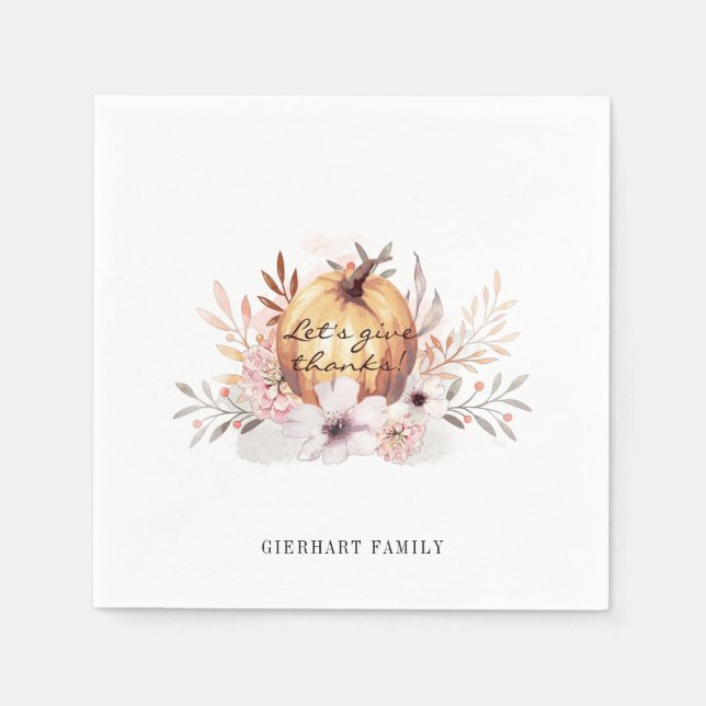 Serviette En Papier Thanksgiving Floral Aquarelle Citrouille Rustique (Devant)