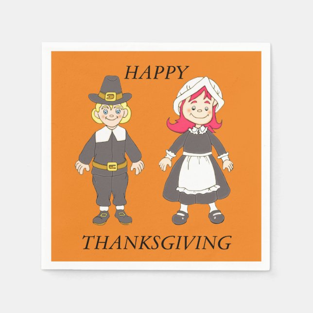 Serviette En Papier Thanksgiving Pilgrim Garçon Et Fille (Devant)