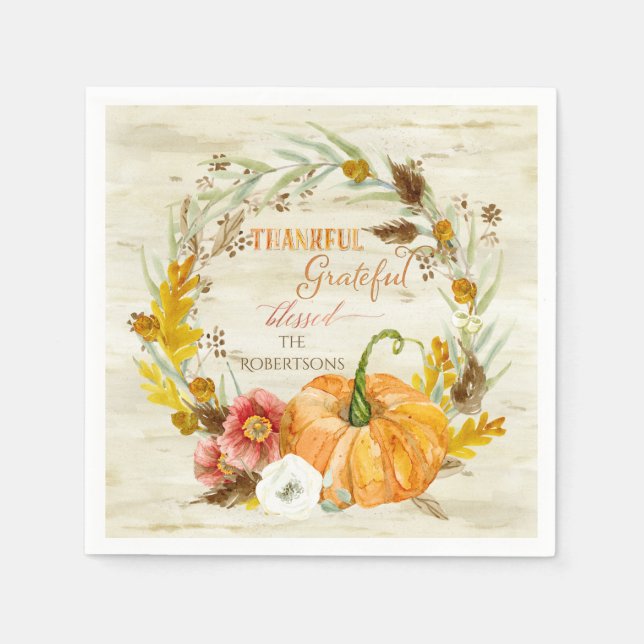 Serviette En Papier Thanksgiving Thankful Grateful Nom de famille béni (Devant)