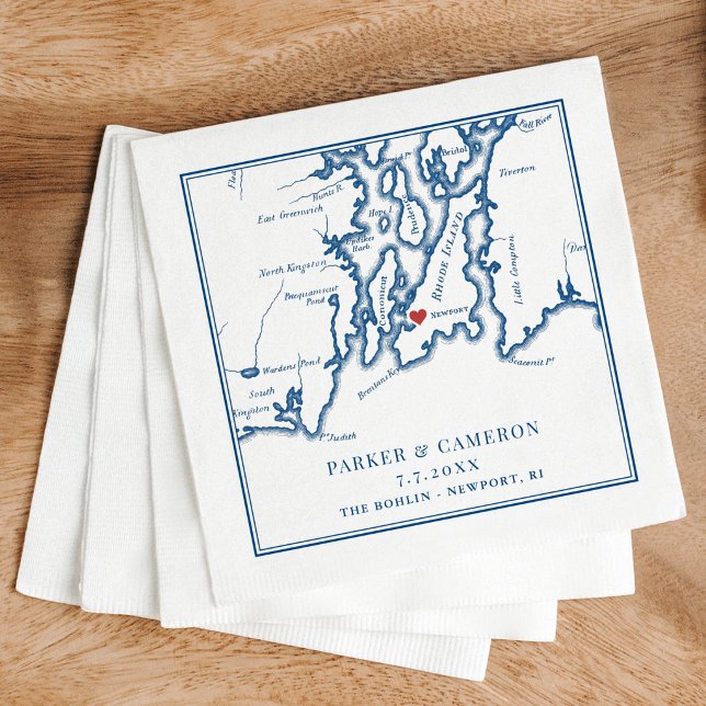 Serviette En Papier The Bohlin Wedding Newport RI Map  (The Bohlin Wedding Cocktail Napkins Newport Yachting Center Narragansett Bay Coastal Map Designs)