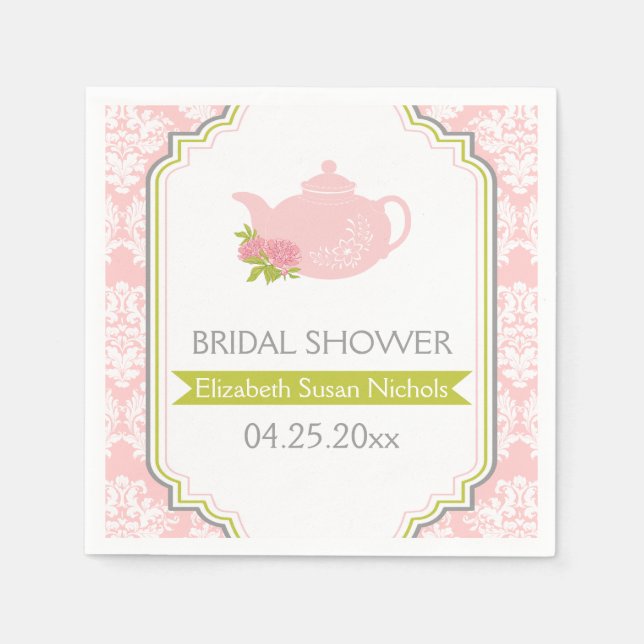 Serviette En Papier Thé de fête, rose damassé, mariage vert (Devant)