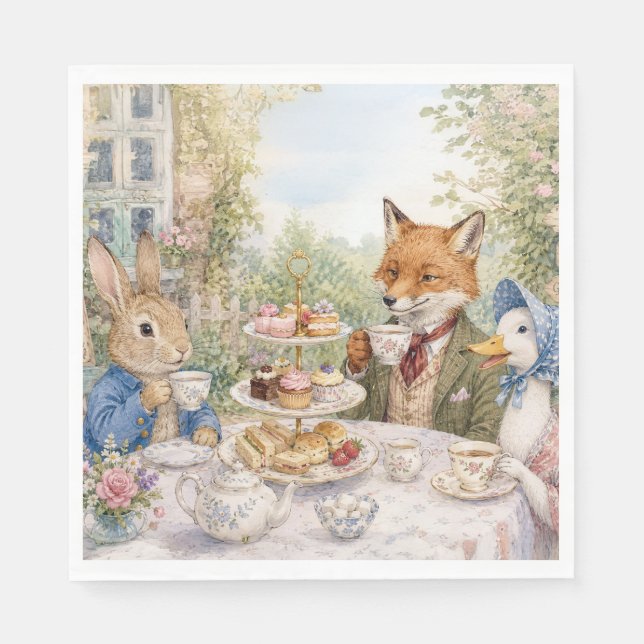 Serviette En Papier Thé de l'après-midi classique lapin canard renard (Devant)
