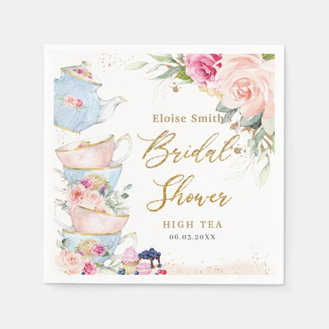 Serviette En Papier Thé de Mariage aux Fleurs Rose Pâle (Devant)