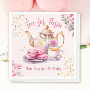 Serviette En Papier Thé Pour Trois ! Fille rose Floral 3e fête d'anniv