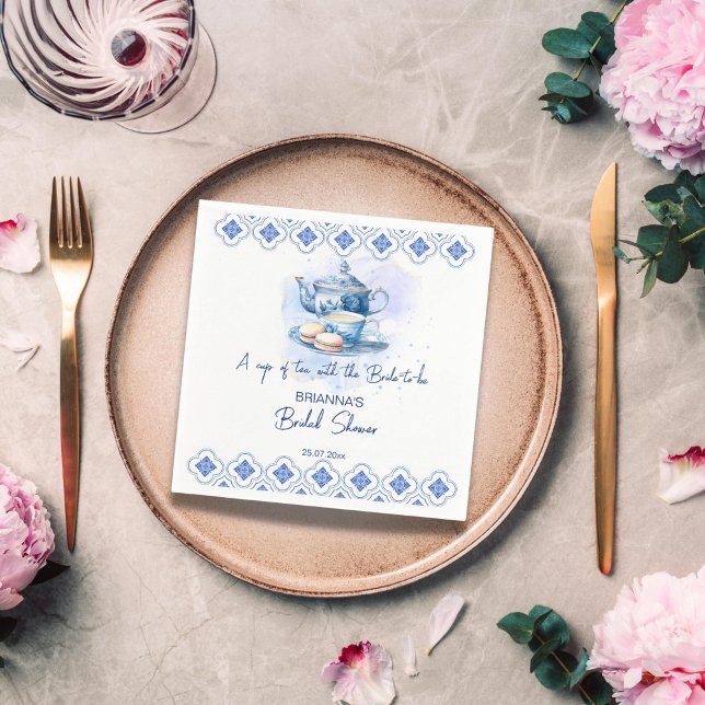 Serviette En Papier Théière en carreaux bleus pour thé party de mariag (Something blue bridal shower napkins blue tiles tea pot tea party bridal shower napkins)