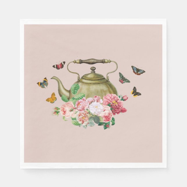 Serviette En Papier Théière Fête Rose Fleurs et Papillons (Devant)