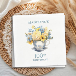 Serviette En Papier Théière Fleurs Jaunes Bleues 100e Anniversaire