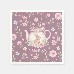 Serviette En Papier Théière Lapin Mignon Fleurs Roses Printemps