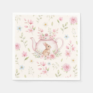 Serviette En Papier Théière Lapin Mignon Floral Rose Printemps