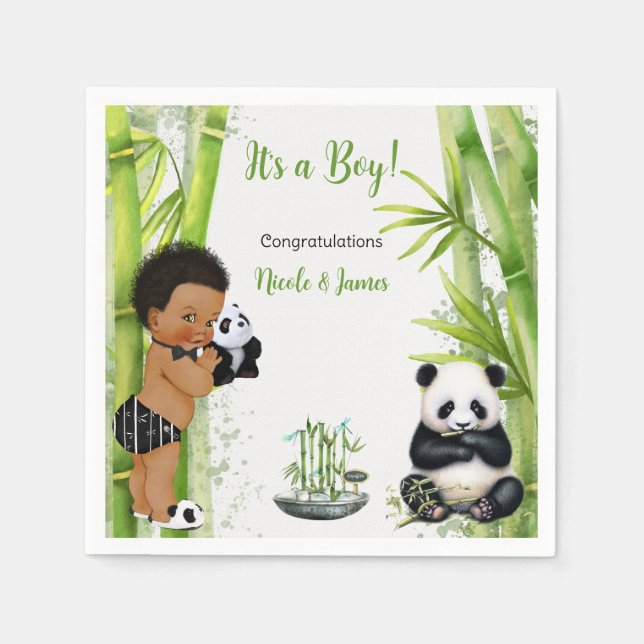 Serviette En Papier Thème bébé garçon panda bambou noir blanc vert (Devant)